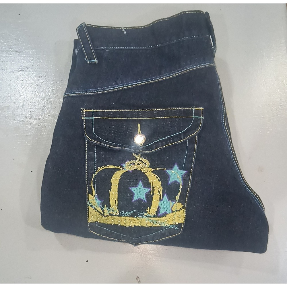 Songs of Freedom Mens 32 Dark Wash Embroidered Crown Star Y2K Straight Leg Jeans